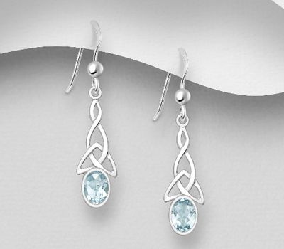 925 Sterling Silver Celtic Hook Earrings, Decorated with Sky-Blue Topaz
