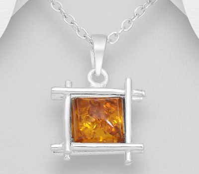 Şəkli böyütmək üçün tiklayın 925 Sterling Silver Square Pendant, Decorated with Baltic Amber