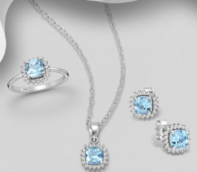 La Preciada - 925 Sterling Silver Square Push-Back Earrings, Ring and Pendant Jewelry Set, Decorated with CZ Simulated Diamonds and Various Gemstones