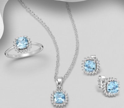 Şəkli böyütmək üçün tiklayın La Preciada - 925 Sterling Silver Square Push-Back Earrings, Ring and Pendant Jewelry Set, Decorated with CZ Simulated Diamonds and Various Gemstones