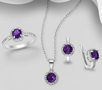 Malın səhifəsinə keç La Preciada - 925 Sterling Silver Omega Lock Earrings, Pendant and Ring Jewelry Set, Decorated with CZ Simulated Diamonds and Various Gemstones