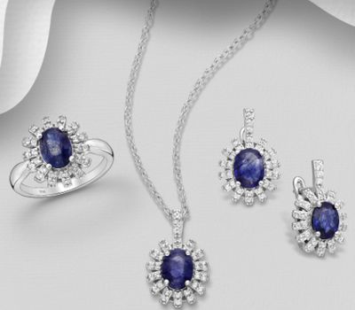 La Preciada - 925 Sterling Silver Omega-Lock Earring, Ring and Pendant Jewelry Set, Decorated with Gemstones