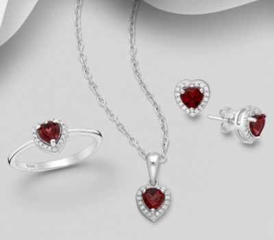 La Preciada - 925 Sterling Silver Heart Push-Back Earrings, Pendant and Ring Jewelry Set, Decorated with CZ Simulated Diamonds and Various Gemstones