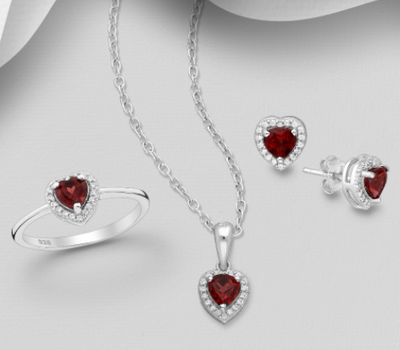 Şəkli böyütmək üçün tiklayın La Preciada - 925 Sterling Silver Heart Push-Back Earrings, Pendant and Ring Jewelry Set, Decorated with CZ Simulated Diamonds and Various Gemstones