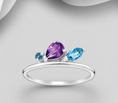 La Preciada - 925 Sterling Silver Ring, Decorated with Amethyst, London Blue Topaz and Sky-Blue Topaz