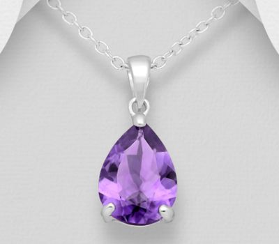 La Preciada - 925 Sterling Silver Pear-Shaped Pendant, Decorated with Amethyst