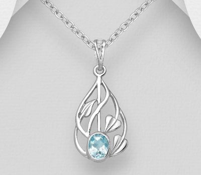 925 Sterling Silver Leaf Pendant, Decorated with Sky-Blue Topaz