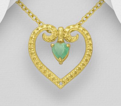 925 Sterling Silver Heart Pendant, Decorated with Black Sapphire, Emerald or Ruby and 1 White Diamond, Plated with 14K Yellow Gold