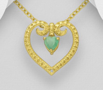 Şəkli böyütmək üçün tiklayın 925 Sterling Silver Heart Pendant, Decorated with Black Sapphire, Emerald or Ruby and 1 White Diamond, Plated with 14K Yellow Gold