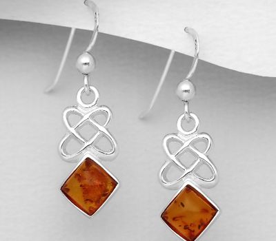 925 Sterling Silver Celtic Rhombus Hook Earrings, Decorated with Baltic Amber
