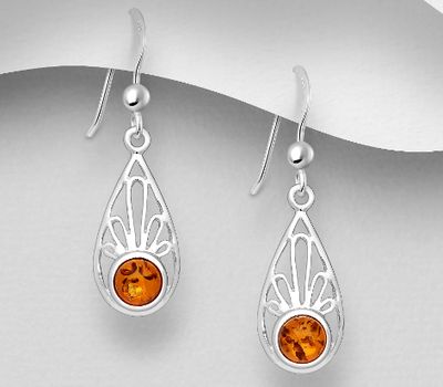 925 Sterling Silver Hook Earrings, Decorated with Baltic Amber