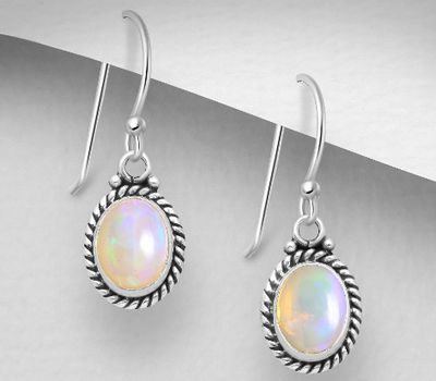925 Sterling Silver Oxidized Hook Earrings, Decorated with Ethiopian Opal