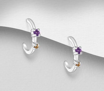 925 Sterling Silver Push-Back Earrings, Decorated with Citrine and Amethyst