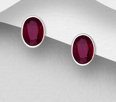 925 Sterling Silver Oval Push-Back Earrings, Decorated with Ruby