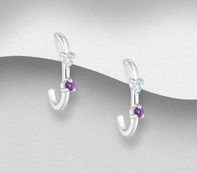 925 Sterling Silver Push-Back Earrings, Decorated with Various Gemstones