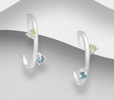 La Preciada - 925 Sterling Silver Push-Back Earrings, Decorated with Peridot and Sky-Blue topaz