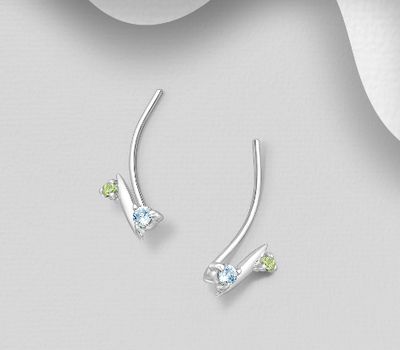 925 Sterling Silver Ear Pins, Decorated with Peridot and Sky Blue Topaz