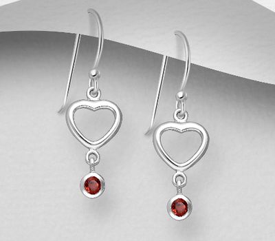 925 Sterling Silver Heart Hook Earrings, Decorated with Various Gemstones