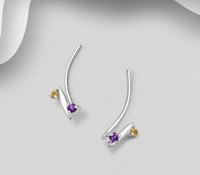 925 Sterling Silver Ear Pins, Decorated with Amethyst and Citrine