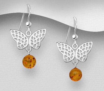 925 Sterling Silver Butterfly Hook Earrings, Decorated with Baltic Amber