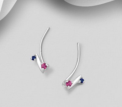 925 Sterling Silver Ear Pins, Decorated with Blue Sapphire and Rhodolite