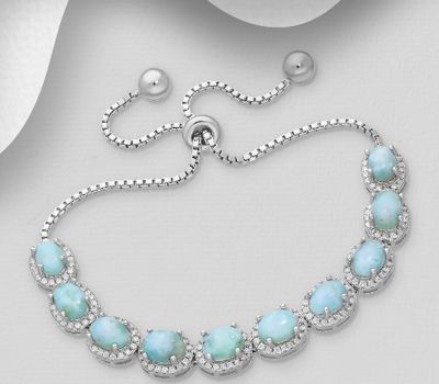 925 Sterling Silver Halo Bracelet, Decorated with CZ Simulated Diamonds and Larimar