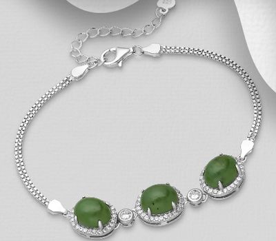 925 Sterling Silver Halo Bracelet, Decorated with Green Jade and CZ Simulated Diamonds