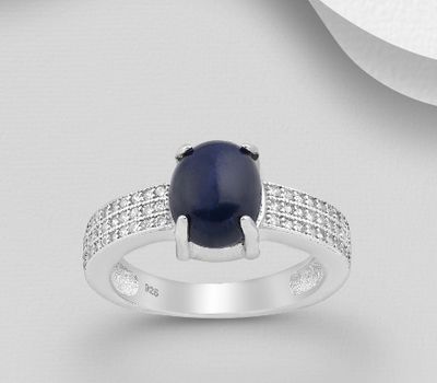 925 Sterling Silver Ring, Decorated with Star Sapphire and CZ Simulated Diamonds