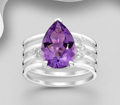 925 Sterling Silver Ring, Decorated with Amethyst and CZ Simulated Diamonds
