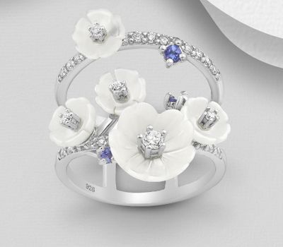 925 Sterling Silver Flower Layered Ring, Decorated with Tanzanites, Shell and CZ Simulated Diamonds