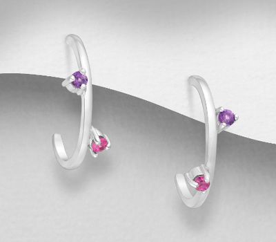 La Preciada - 925 Sterling Silver Push-Back Earrings, Decorated with Pink Sapphire and Amethyst
