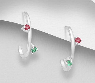 La Preciada - 925 Sterling Silver Push-Back Earrings, Decorated with Emerald and Rhodolite