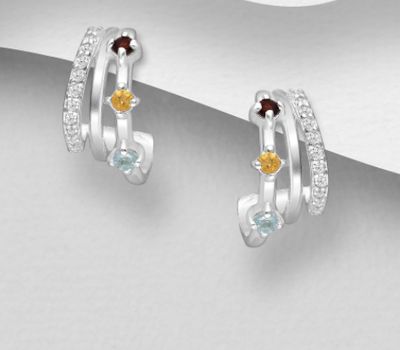 La Preciada - 925 Sterling Silver Push-Back Earrings, Decorated with Gemstones and CZ Simulated Diamonds.