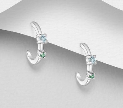 925 Sterling Silver Push-Back Earrings, Decorated with Emerald and Sky-Blue Topaz