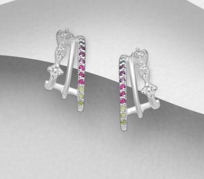 La Preciada - 925 Sterling Silver Push-Back Earrings, Decorated With CZ Simulated Diamonds, Sky-Blue Topaz, Amethyst, Pink Sapphire And Peridot