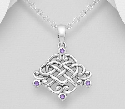 925 Sterling Silver Oxidized Celtic Heart Pendant, Decorated with Amethysts