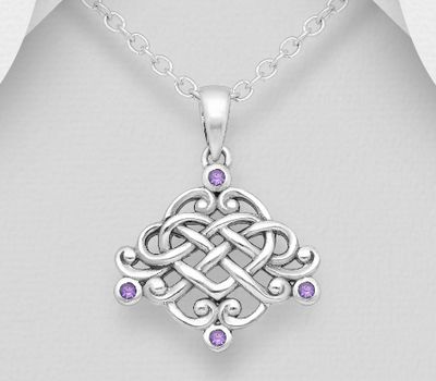 Malın səhifəsinə keç 925 Sterling Silver Oxidized Celtic Heart Pendant, Decorated with Amethysts