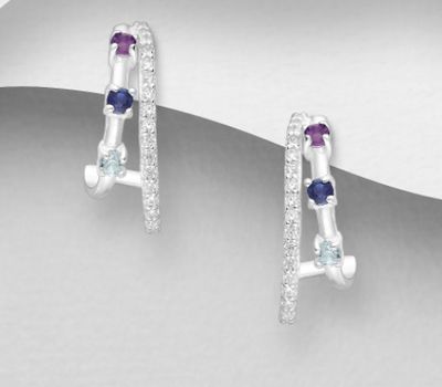 La Preciada - 925 Sterling Silver Push-Back Earrings, Decorated with CZ Simulated Diamonds and Gemstones