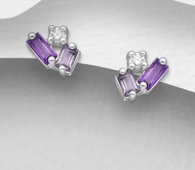 La Preciada - 925 Sterling Silver Push-Back Earrings, Decorated with Amethyst and CZ Simulated Diamonds