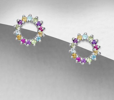 La Preciada 925 Sterling Silver Circle Push-Back Earrings, Decorated with Amethyst, Citrine, Peridot, Rhodolite and Sky-Blue Topaz