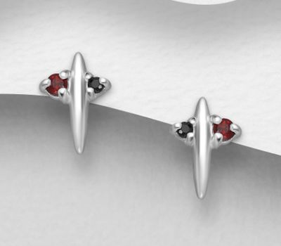 La Preciada 925 Sterling Silver Spike Push-Back Earrings, Decorated with Garnet and Onyx