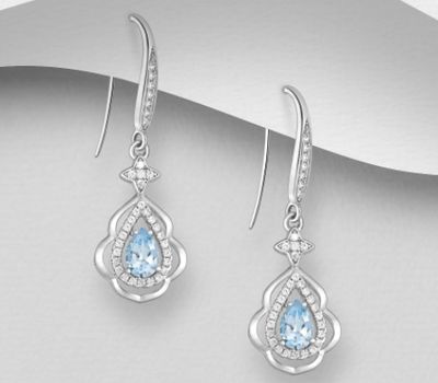 Şəkli böyütmək üçün tiklayın La Preciada 925 Sterling Silver Droplet Hook Earrings, Decorated with CZ Simulated Diamonds and Sky-Blue Topaz