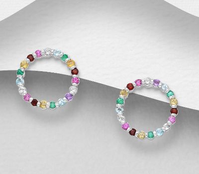 La Preciada - 925 Sterling Silver Halo Push-Back Earrings, Decorated with Emerald, Pink Sapphire, Amethyst, Citrine, Garnet, Sky-Blue Topaz and White Topaz
