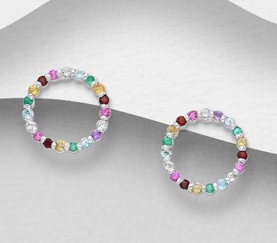 Şəkli böyütmək üçün tiklayın La Preciada - 925 Sterling Silver Halo Push-Back Earrings, Decorated with Emerald, Pink Sapphire, Amethyst, Citrine, Garnet, Sky-Blue Topaz and White Topaz
