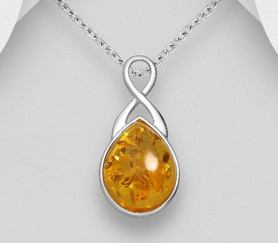 925 Sterling Silver Droplet Pendant, Decorated with Baltic Amber