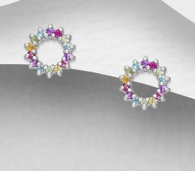 La Preciada 925 Sterling Silver Circle Push-Back Earrings, Decorated with Pink Sapphire, Amethyst, Citrine, Peridot and Sky-Blue Topaz