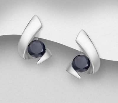 La Preciada - 925 Sterling Silver Omega-Lock Earrings, Decorated with Blue Sapphires