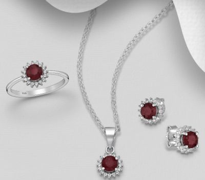 La Preciada - 925 Sterling Silver Circle Push-Back Earrings, Ring and Pendant Jewelry Set, Decorated with CZ Simulated Diamonds and Various Gemstones