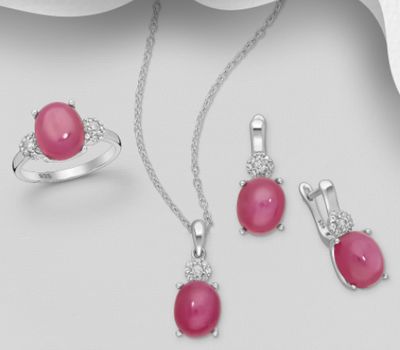 Şəkli böyütmək üçün tiklayın La Preciada - 925 Sterling Silver Omega-Lock Earrings, Ring and Pendant, Decorated with CZ Simulated Diamonds and Ruby