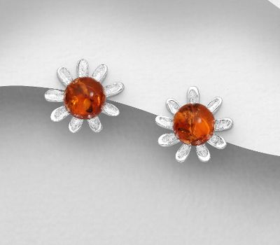 925 Sterling Silver Flower Push-Back Earrings, Decorated with Baltic Amber
